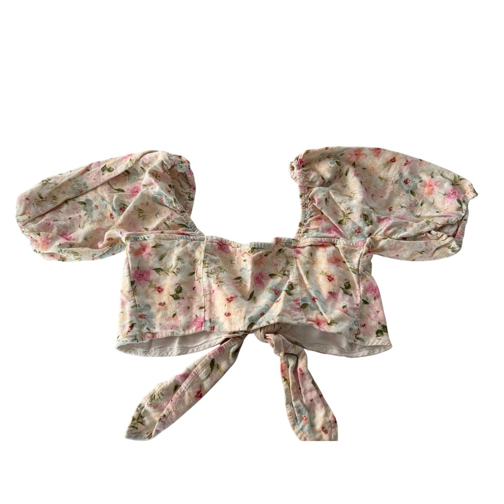 Abercrombie & Fitch Floral Tie Front Puff Sleeve Crop Top Linen Blend Pink M